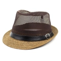 Atmungsaktiver Strohhut-Fedora mit braunem Mesh-Oberteil und Lederband für Damen und Herren - Einheitsgröße / Braun