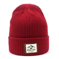 Detailed close-up of dark red ribbed knit beanie with mountain and bear patch embroidery - Red