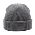 Detailed view of the dark grey ribbed knit texture and wide folded cuff on this beanie - Gray