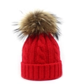 Bright red cable knit wool beanie for women and kids with a large faux fur pom-pom - Adult / Red