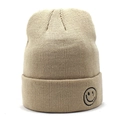Berretto beige in maglia a coste con ricamo smiley nero caldo per l'inverno - Beige Smiley