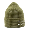 Olive green waffle knit beanie for women with stylish silver metal ring decorations - Green