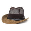 Détail d'un chapeau de paille bicolore avec couronne en maille et lanière en cuir - M (56-58cm) / Marron