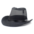 Detail of black breathable mesh fedora hat featuring a leather strap with silver buckle - M (56-58cm) / Black
