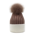 Detail of two-tone knit beanie featuring a large fluffy faux fur pompom on top - M (56-58cm) / Coffee & White