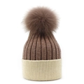 Detail of two-tone ribbed knit beanie with soft plush pom-pom for winter warmth - M (56-58cm) / Coffee + Beige