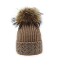 Women's knit beanie with pompom and sparkly star pattern on cuff in brown - Khaki