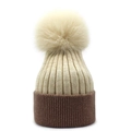 Detail of two-tone knit winter beanie with large fluffy faux fur pompom and ribbed cuff - M (56-58cm) / Beige