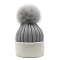 Detailed knit texture and fluffy fox fur pompom on two-tone winter beanie hat - M (56-58cm) / Light Gray+White