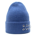 Detail of blue waffle knit beanie featuring three decorative silver metal rings on the cuff - Blue