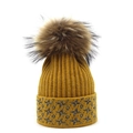 Detail of ginger yellow knit beanie with fluffy pompom and sequined star embroidery - Yellow