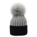 Close-up of knit winter beanie with contrast grey pompom and black ribbed fold-up cuff - M (56-58cm) / Light Grey + Black