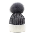 Women's two-tone knit beanie in dark grey and white with a large fluffy pom-pom - M (56-58cm) / Dark Gray And White