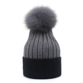 Women's color block knit beanie with grey faux fur pompom for winter warmth - M (56-58cm) / Dark Grey + Black