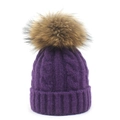 Dark purple cable knit wool beanie for women and kids with a large brown faux fur pom pom - Kids / Deep purple