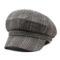 Classic grey and brown plaid newsboy cap with vintage wool texture and curved brim - M (56-58cm) / Gray