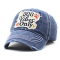 Detail of navy washed cotton baseball cap with DOG Vibes Only embroidery and distressed holes - Adjustable / Navy Blue