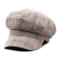Detailed view of vintage plaid pattern and thick knitted texture on newsboy octagonal hat - M (56-58cm) / Beige