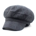 Detailed macro view of retro plaid newsboy cap with dark grey wool texture - M (56-58cm) / Black