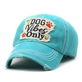 Dettaglio cappellino da baseball in cotone verde lavato con ricamo DOG Vibes Only e bordi - Regolabile / Ciano