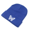 Close-up of blue ribbed knit beanie featuring detailed white butterfly embroidery on the cuff - M (56-58cm) / Blue