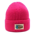 Detail of fuchsia ribbed knit beanie featuring a RIDER CAR RACE patch with victory gesture - M(56-58cm) / Rose Red