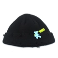 Detailed view of black ribbed knit beanie with bear charm and distressed ripped edges - M / Black