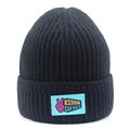Detail of black ribbed knit beanie with blue RIDER logo patch and pink peace sign - M(56-58cm) / Black