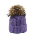 Detail view of purple ribbed knit beanie with a large detachable brown faux fur pom pom - M (56-58cm) / Purple