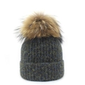 Bonnet d'hiver en tricot bleu et jaune avec un grand pompon amovible en fausse fourrure - M (56-58cm) / Noir