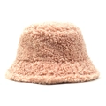 Close-up of plush teddy fleece texture on a thick warm pink bucket hat for women - One Size / Pink