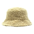 Detailed close-up of fluffy beige faux shearling texture on warm winter bucket hat - One Size / Khaki