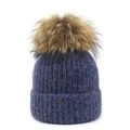 Women's dark blue knit beanie with a large fluffy raccoon fur pom-pom for winter warmth - M (56-58cm) / Blue