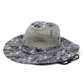 Detail of outdoor camo sun hat with breathable mesh and adjustable black wind cord - M / Gray