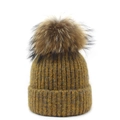 Chunky mustard yellow knit beanie for women with a fluffy detachable faux fur pompom ball - M (56-58cm) / Yellow