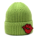 Detail of red sequin lips embroidery on grass green knitted beanie for women - Green