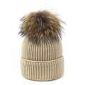 Cozy beige ribbed knit winter beanie with a large fluffy faux fur pompom for women - Khaki / One Size