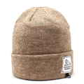 Detail of the brown knit beanie featuring a minimalist side woven label and thick texture - One Size / Khaki