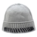 Grey chunky knit winter bucket hat with black decorative stitching on white background - Gray