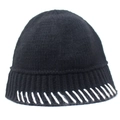 Detail of black knitted beanie with white contrast stitching on the rim and fine texture - Black