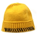 Detail view of bright yellow knitted beanie featuring contrast black stitching and ribbed hem - Yellow