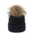 Detailed texture of black knit beanie with premium natural raccoon fur pompom detail - Black / One Size