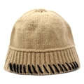 Detail of light brown knit bucket hat with black decorative whipstitch trim on edge - Khaki