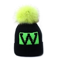 Black knit beanie with a large neon green fox fur pom pom and a stylish letter W logo - Green