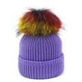 Close-up of purple knit beanie with colorful gradient faux fur pom pom detailing - One Size / Purple