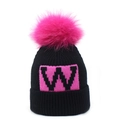 Black knit beanie with large magenta fox fur pom and embroidered W letter patch - Rose Red