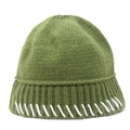 Close-up of army green knit beanie with white contrast stitching detail and thick texture - Green