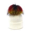 White ribbed knit beanie for women with a colorful detachable faux fur pompom for winter - One Size / White