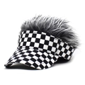 Creative black and white checkered baseball cap with fluffy grey synthetic hair wig - One Size / Checkered With Gray Hair