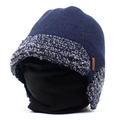 Detailed close-up of blue knit hat with soft fleece lining and brown leather fashion tag - M (56-58cm) / Navy Blue